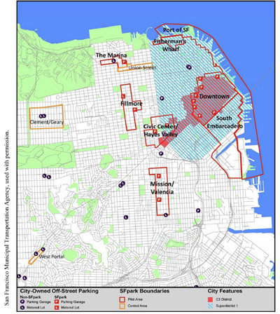 Figure 2-2. SFpark Pilot and Control Zones. A basic map of city streets indicates locations of city-owned off-street parking and city districts. San Francisco Municipal Transportation Agency, used with permission.