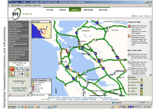 Figure 2-4. Real-Time Traffic Congestion Monitoring on www.511.org. A screen shot from a web site that provides an updated map of major highways and icons to indicate levels of congestion is shown. Metropolitan Transportation Commission, used with permission.