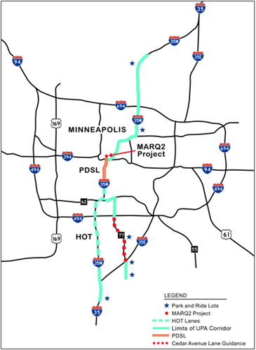 A map shows major highways in the Minneapolis area. Highlighting indicates UPA Corridor limits on State Route 35W and Route 77 south of the city, and also from State Route 94 north out of the city. HOT lanes are indicated on a section of State Route 35W to the south. Cedar Avenue Lane Guidance is highlighted on Route 77 from State Route 35E to Route 494. 