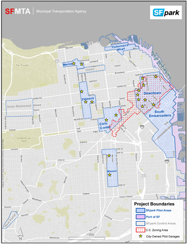 SFpark Pilot and Control Zones. A grid map of city streets from the Port of San Francisco to the north and Monterey Boulevard to the south shows project boundaries in the Mission District, the Civic Center, Fillmore, Marina, Downtown, South Embarcadero, Fisherman's Wharf, and Port of San Francisco areas. A parking control area is highlighted in the Inner Richmond area and the Union area.