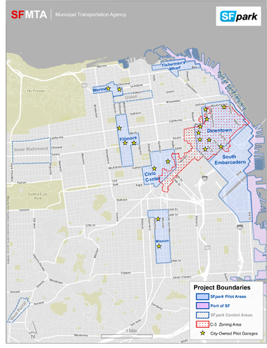 SFpark Pilot and Control Zones. A grid map of city streets from the Port of San Francisco to the north and Monterey Boulevard to the south shows project boundaries in the Mission District, the Civic Center, Fillmore, Marina, Downtown, South Embarcadero, Fisherman's Wharf, and Port of San Francisco areas. A parking control area is highlighted in the Inner Richmond area and the Union area.