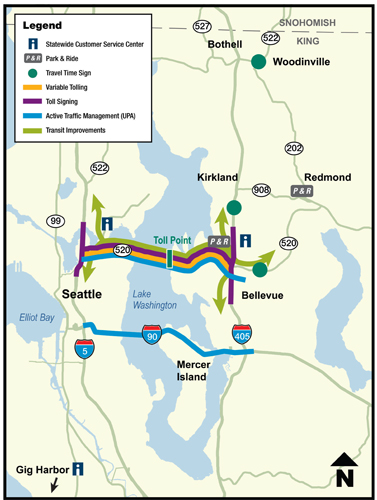Corridor Tolling and Transit Projects Map. A map shows major highways in the Lake Washington area. Highlighting indicates variable tolling, toll signing, active traffic management, and transit improvements on State Route 250. Transit improvements continue on Route 5 as well as Route 405. To the south, active traffic management is indicated for Interstate Route 90 between Route 5 and Route 405.