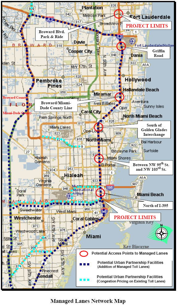 An image of a map displaying the Managed Multi-Lane Network in Miami.
