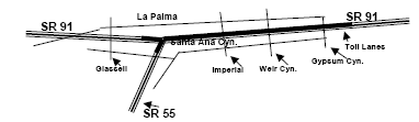 Line map of SR 91 and its intersection with SR 55.