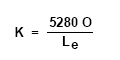 equation: K equals 5,280 O divided by variable, L, subscript e