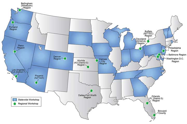 Figure 1.1 is a map of the United States showing locations of statewide and regional self-assessment Capability Maturity Model (CMM) workshops. A full listing of workshop locations is provided in Table 1.1.