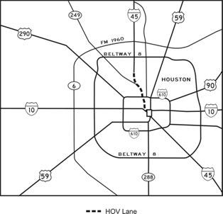 Figure 1: The map shows the location of the Interstate highways and other major highways in the Houston area.  Highways and Interstates that are listed on this map include Katy (I-10W), the North (I-45N), the Gulf (I-45S), the Northwest (US 290), the Southwest (US 59S), the Eastex (US 59N) Freeways; State Highway 249, 6, and 288, and Farm-to-Market Road 1960.  The location of the I-45N Contraflow lane is identified by dashed lines.  The figure provides the location of the I-45N contraflow lane, the first HOV lane implemented in Houston.  It also provides perspective of the freeway and major roadway system in Houston.