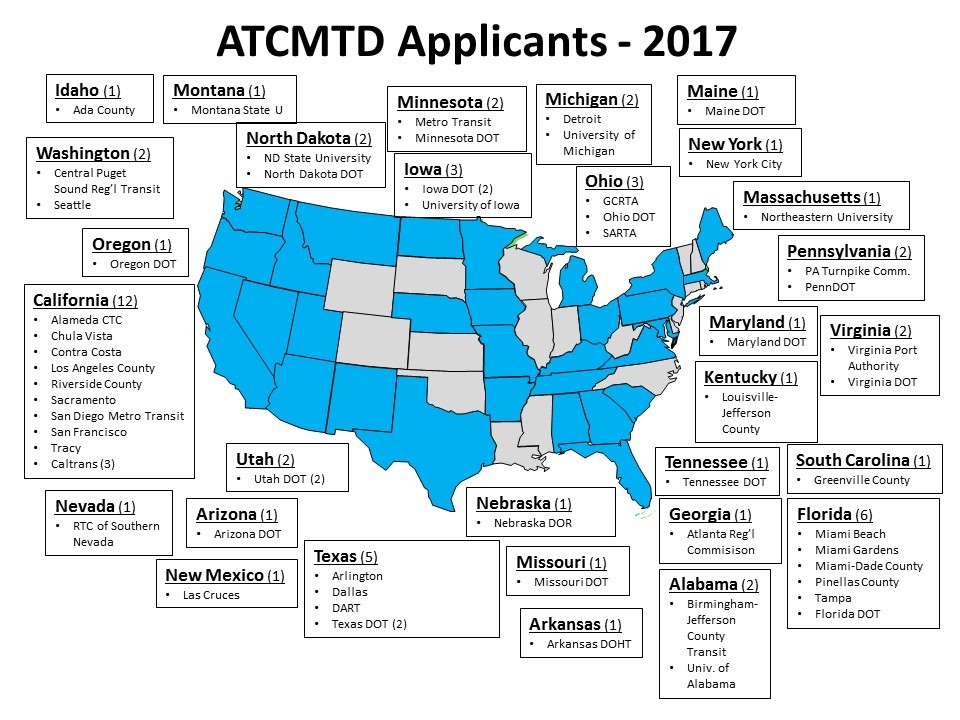 ATCMTD Applicants 2017 Map.  The map is a visual representation of the content of the page; listing each state and its applicants.