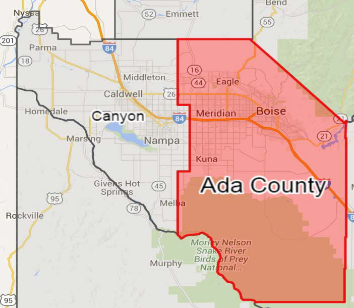 Map of Ada County Project Area with a circle around town of Meridian.