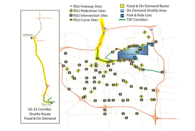 Map of Ann Arbor Michigan identifying RSU Freeway Sites, Pedestrian Sites, Intersection sites, curve Sites, Fixed and On-Demand routes, On Demand Shuttle Area, Park and Ride lots, and TSP corridors.