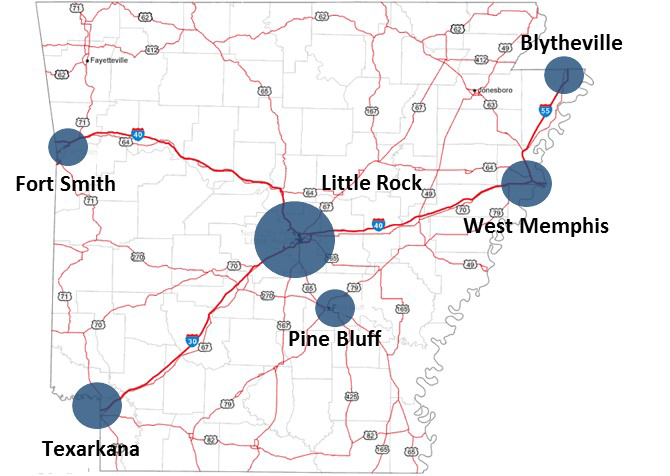 Figure 1.  Map of Arkansas with roads and blue circles around large population centers.