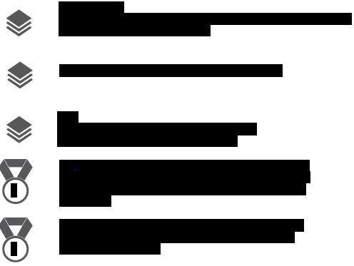 Image has five sections.  The first three have a stack of books to the left and then redacted text to the right.  In the last two sections there is an image of a medal on a ribbon with redacted text to the right.