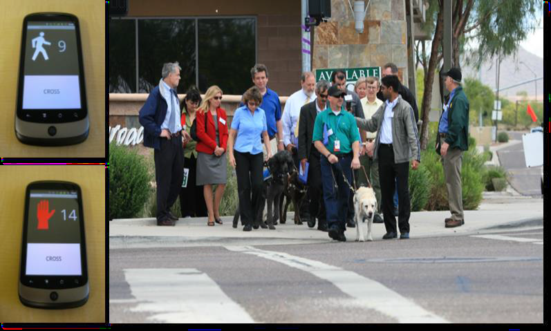 Figure 11.  Three images - 1 of a phone app with walker and the number 9 displayed, a scond phone app image with the number 14 and the third and the dominate image is of a cross walk with several pedestrians.  One is blind with a seeing eye dog.
