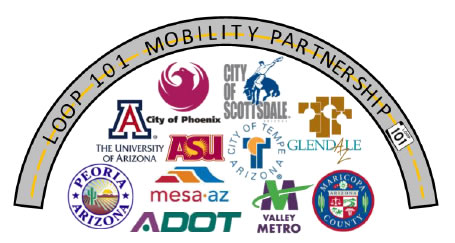Figure 2. Loop 101 Mobility Partnership.  Image displays several logos such as City of Phoenix, City of Scottsdale, Glendale, University of Arizona, ASU, Mesa AZ, Valley Metro, Peoria AZ, and Arizona Department of Transportation