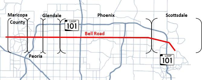 Figure 9.  A map of Bell Road.  Bell Road is displayed in red and run mainly West to East in a straight line through Maricopa County, Peoria, Glendale, Phoenix and Scottsdale