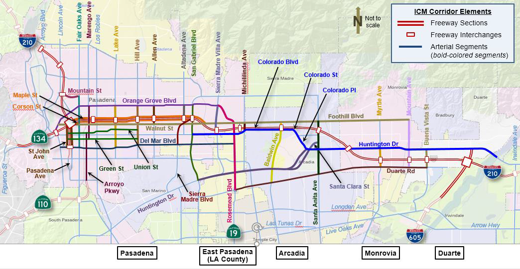 Figure 4: I-210 Corridor Freeway and Arterial Network.  A map of Pasadena, Arcadia, Monrovia, and Duarte that denotes freeway sections, freeway interchanges, and arterial segments marked.  Prominently displayed is I-210 whihc runs east to west through the map.
