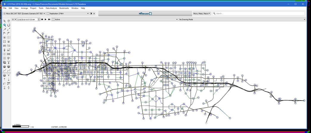 Figure 8: Screenshot of Developed Model of the I-210 Corridor.  The image shows black lines for streets that are near the I-210 as it runs from Pasadena to Duarte.