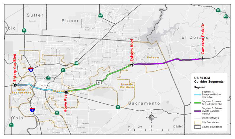 Figure 1: US 50 ICM Corridor Segments.  Blue is used to denote Segment 1 - Enterprise Blvd to Howe Ave.  Green denotes Segment 2 - Howe Ave to Folsom Blvd, Magenta denotes Segment 3 Folsom Blvd to Cameron Park Dr.  All are along US 50 between Yolo and Sacramento