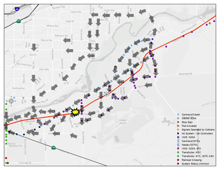 Figure 4: Trypical Public Response to an Incident - Accident on US50.  Arrows denote several alternate routes chosen around stretch of highway where accident occurred.  A lot of alternate routes denoting chaos.