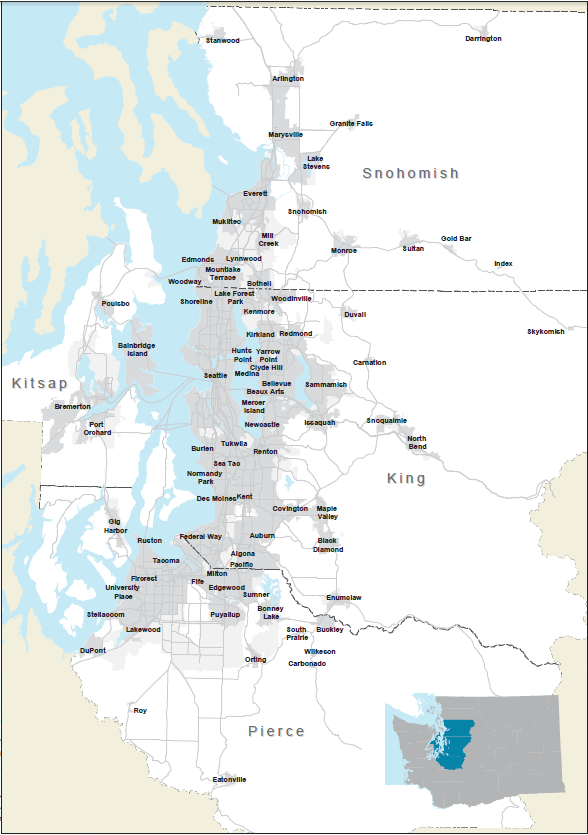 Map of the Central Puget Sound Region.  The map is a high level view of the surrounding Seattle area incorporating the Counties of Snohomish, King and Pierce.
