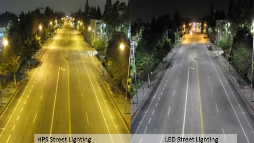 Image of HPS Street Lighting and image with LED Street Lighting.  HPS has more or yellow tone.