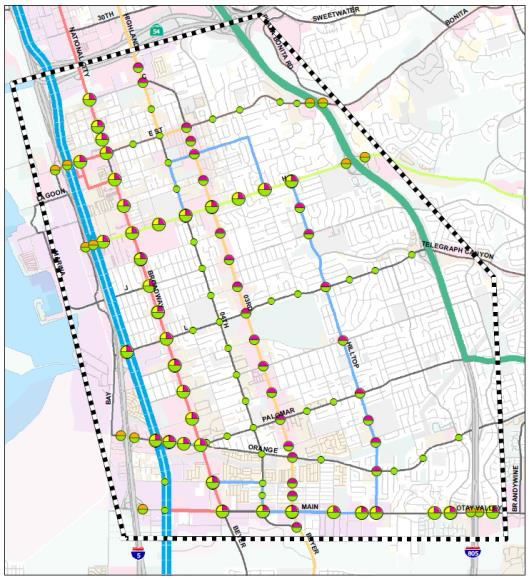 A map of the smart technology stop lights in Chula Vista