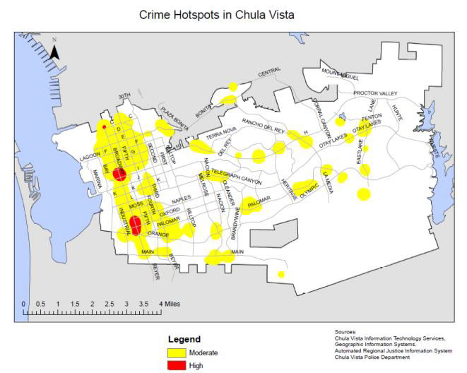 Map of crime hotspots in Chula Vista. Yellow areas are moderate and red are high crime areas.  Lots of yellow and red near I5 and the ocean.