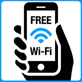 Image of hand holding a cell-phone with the words Free Wi-Fi.