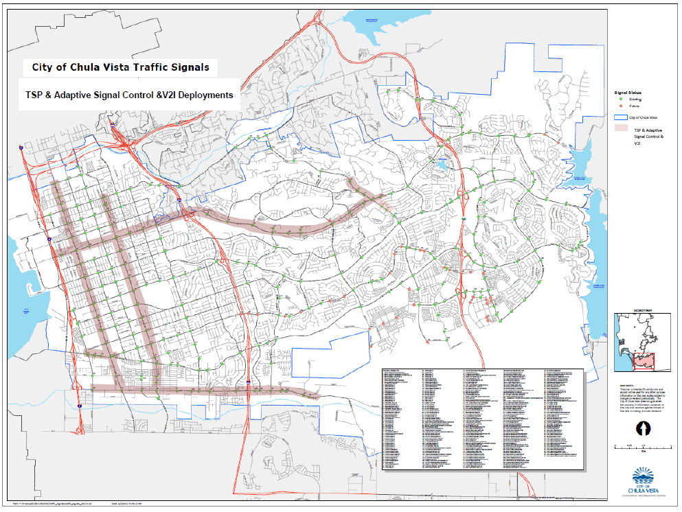 City of Chula Vista Traffic Signals: TSP & Adaptive Signal Control &V2I Deployments.  A map of Chula Vista is displayed with red lines following the Interstates and the major highways in and around the city.