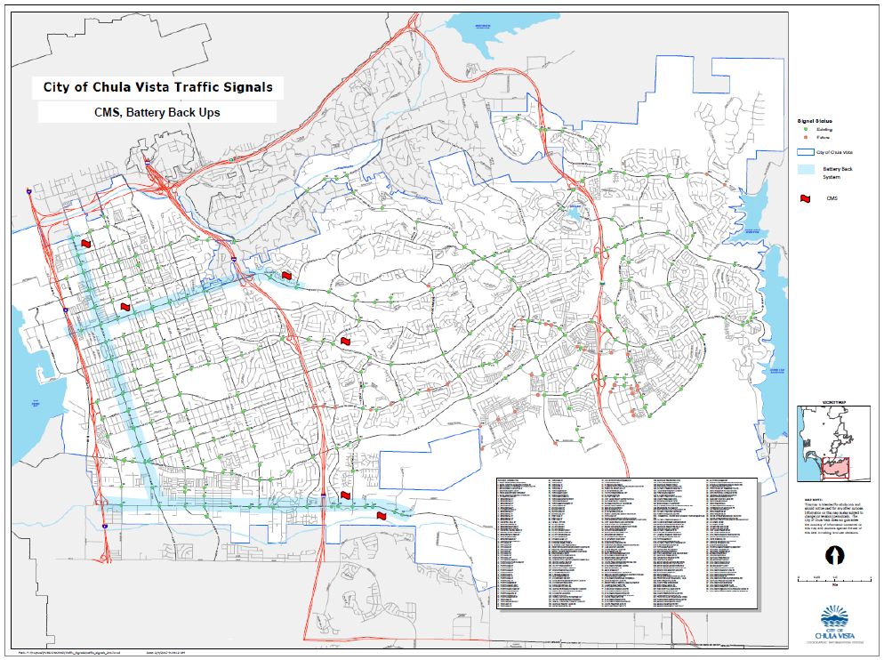 City of Chula Vista Traffic Signals: CMS, Battery Back Ups.  A map of Chula Vista is displayed with red lines following the Interstates and the major highways with 5 red flags marking CMS stations around the city.