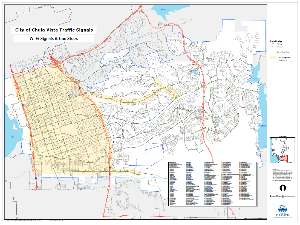 City of Chula Vista Traffic Signals: Wi-Fi Signals & Bus Stops.  A map of Chula Vista is displayed with red lines following the Interstates and the bus stops marked in green.  They are mostly at intersections and are most heavily found in the downtown area.