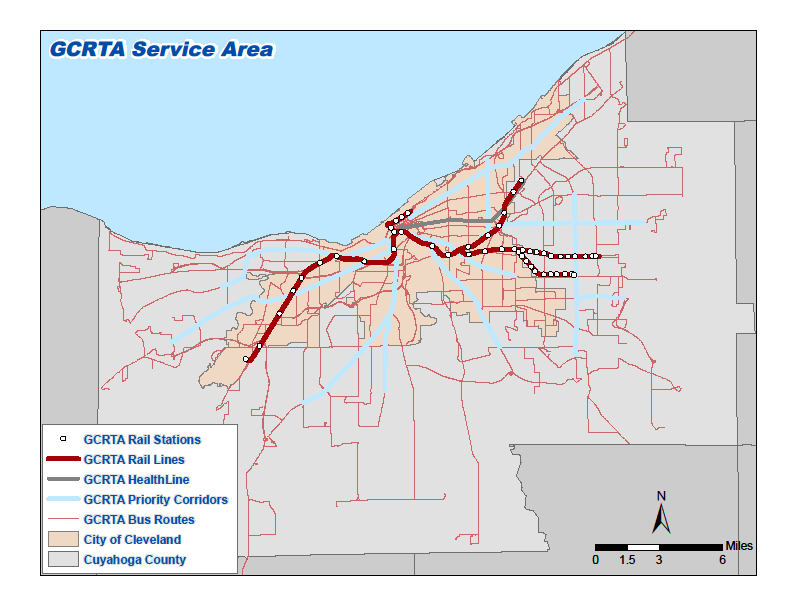 Area Map of the GCRTA Service Area.  The image is of a general map of the GCRTA area with rail lines marked in a thick red, the Healthline denoted in gray, the Priority Corridors in light blue, the Bus routes denoted with a thin red line.