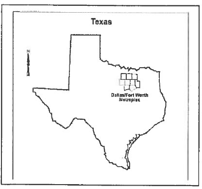 Map 1. North Central Texas Counties.  Map of Texas with Dallas-Fort Worth identiifed with 7 unidentified counties above Dallas.