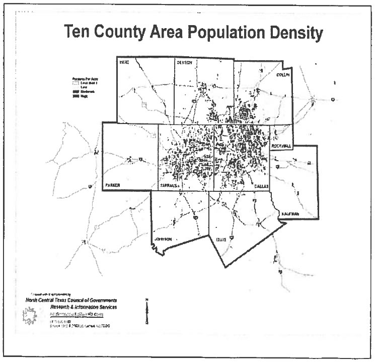 Map 2. Population Density.  A map of the nine counties around the Dallas-Fort Worth areas with the area around Dallas and Fort Worth being the most populated.