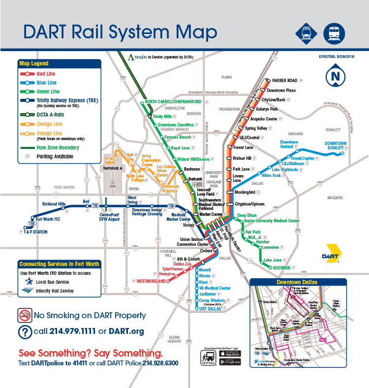 Figure 1 - DART System Map.  The image is of the DART Rail System Map that shows the path of the red, blue, Green, orange metro lines and the Trinity Railway Express (TRE) and DCTA A-train, in the downtown Dallas area.