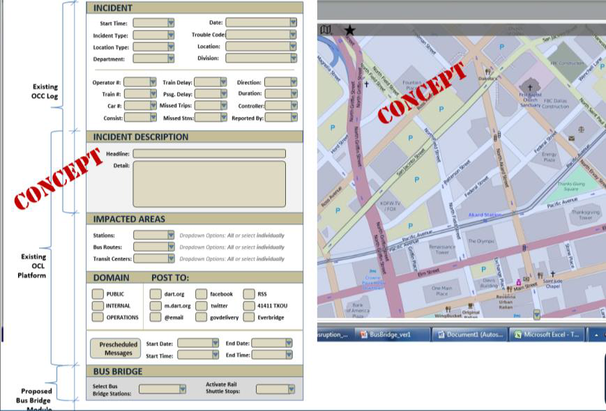 Figure 3: Integrated Transit Incident Entry Mockup.  The image is of the application.  Part is of a city map, the left has place to make selections and to describe the incident description, impacted area, domain, post to, bus bridge