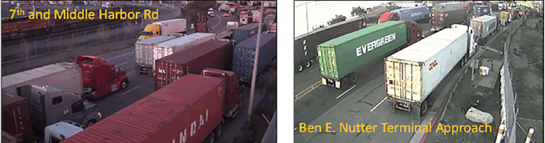 Two images of heavy traffic with several Freight Trucks depicted.  The first image is labeled 7th and Middle Harbor Rd and the second is labeled Ben E Nutter Terminal Approach