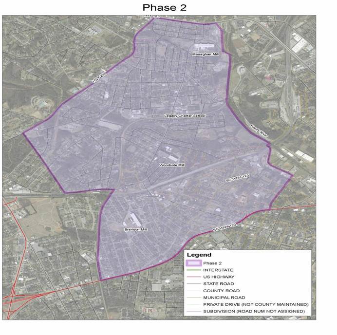 Phase 2: Phase 2 section is indicated on the map in light purple with the northern most boundary being Hwy 183, the eastern most boundary being Reedy River, the southern most boundary being SC Hwy 123 and with Hwy 253 being part of the western boundary.