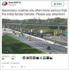 Iowa DOT Twitter: Secondary crashes are often more serious than the initial fender bender. Please pay attention! Divided highway with truck pulling off road to avoid running into vehicle.