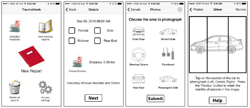Four screenshots of the TraumaHawk iPhone 5 interfacing App.