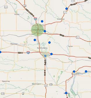 Map of area with fatal crashes marked with blue dots.