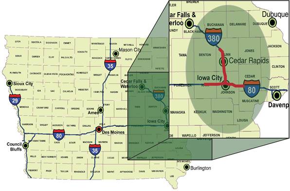Map of Iowa REACH project.  Primarily the area around Cedar Rapids and Iowa City.