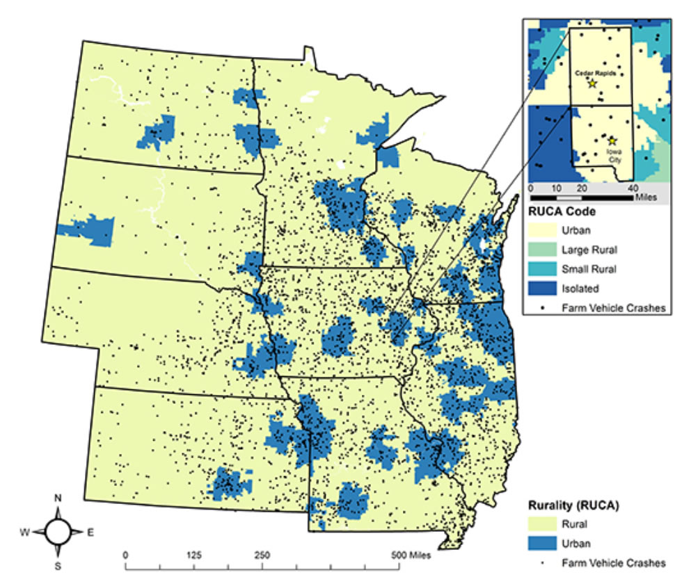 Farm vehicle crashes in the Midwest region.  There are a few scattered urban areas, but it is mostly rural.
