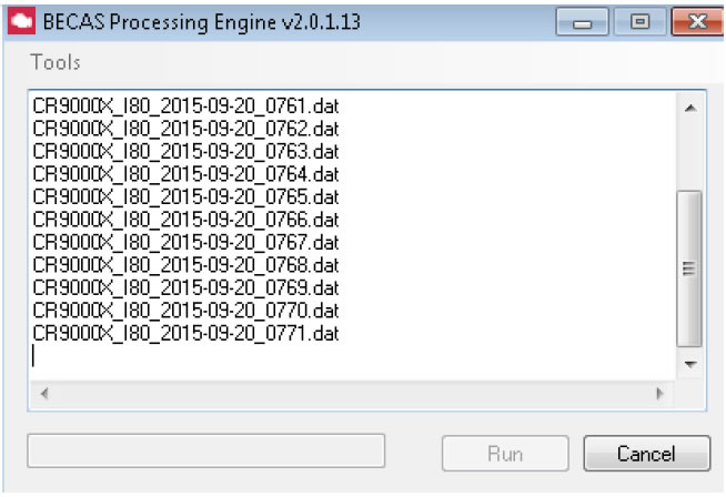 BECAS Processing Engine v2.0.1.13 screenshotof data files.