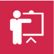 Image of white cartoon figure standing in front of presentation easel on a red background.