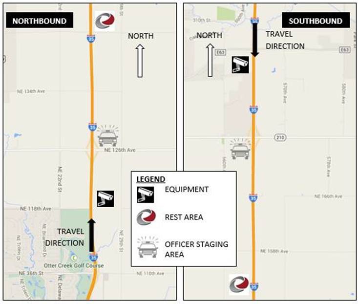 Figure 3 - VWS Operational Map, I-35 Northbound and Southbound (Des Moines Metro Area).  Equipment is marked by a logo of a traffic camera.  Rest Areas are marked on the extreme north and south ends of the map by the Iowa DOT logo and the Officer Staging area near the NE 126th Avenue and the 210 Highway intersection.