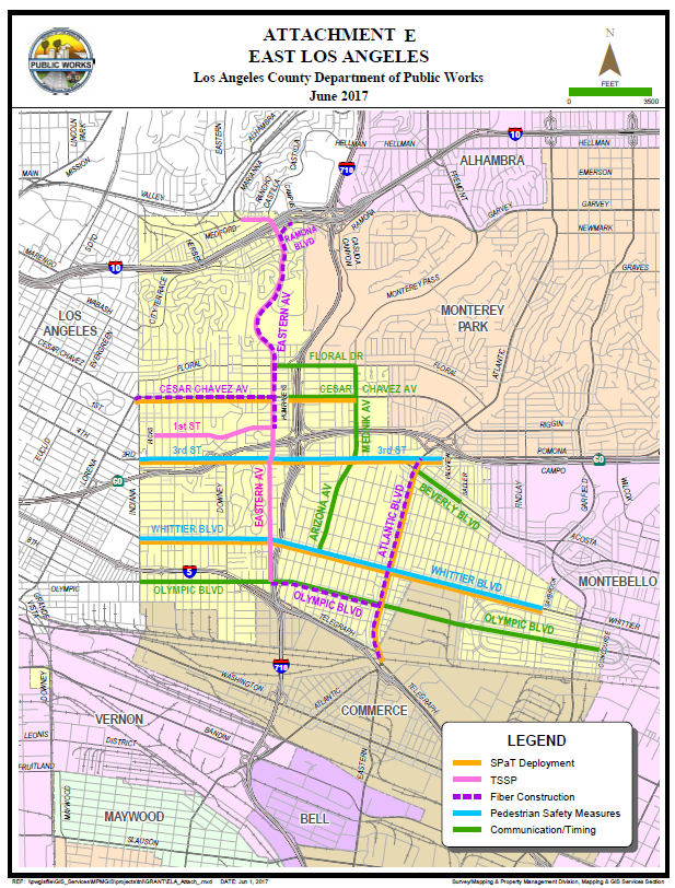 East Los Angeles Map.  Image of map of East Los Angeles with SPaT Deployment marked in Orange, TSSP marked with a pink stripe, Fiber Construction identified by a dotted purple line, Pedestrian Safety Measures identifed with a blue line, Communication/Timing identified by a green solid line. 