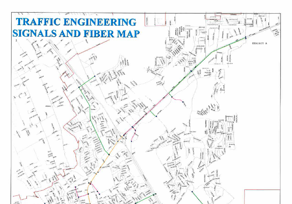Traffic Engineering Signals and Fiber Map.  Map of street level of Las Cruces showing Traffic Signals, New Fiber and Pathway, Proposed Pathway, Existing Pathway, Roads and the City Limits.
