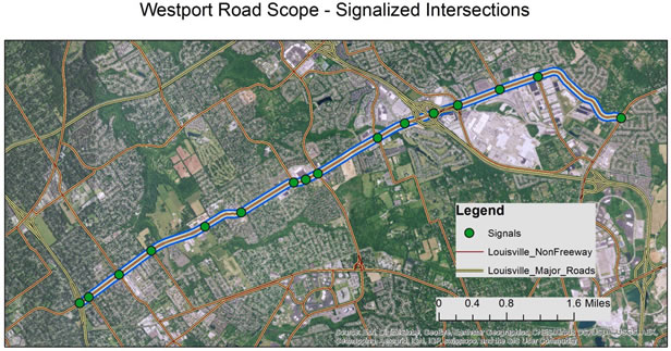 Westport Road Scope - Signalized Intersections.  The image focuses on Westport road.  Signals are marked by green circles.  Non Freeway roads are denoted by red lines, while major roads are denoted by yellow lines.