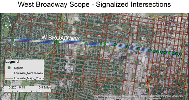 West Broadway Scope - Signalized Intersections. The image focuses on West Broadway road.  Signals are marked by green circles.  Non Freeway roads are denoted by red lines, while major roads are denoted by yellow lines.